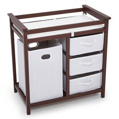 Studyset Baby Changing Table With Laundry Hamper & 3 Drawers,Wood Nursery Dresser Supports 40 Lbs, With Safety Strap & Waterproof Pad, Storage Organizer For Diapers, Clothes & Toys
