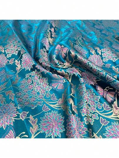 1pc High-Quality Jacquard Fabric, Blue Color With Exquisite Floral Pattern And Satin Finish, Suitable For Sewing, Home Decor, Party Decoration, And DIY Crafts
