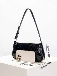 1pc Girl's Baguette Shoulder Bag, Crocodile Embossed Minimalist Underarm Bag, Suitable For Daily Gatherings, Vacations, Travel, Ideal Gift - Black - View 4