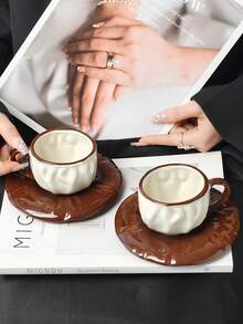 1 Set Asymmetrical Textured Ceramic Coffee Cup & Saucer, Latte Art Cup, Elegant Home/Office Latte, Tea Cup, Valentine's Day, Mother's Day, Thanksgiving Gift, Fashionable Gift For Coffee Lovers - Multicolor - View 8