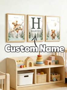 3pcs Personalized Wall Poster Set, Bear Hot Air Balloon Printed Canvas Painting, Customized Name Airplane Forest Room Wall Art, Unframed Green Forest Bedroom Decor, Unique Gift For Boys And Girls Birthday - Multicolor - View 16