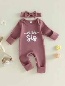 Baby Girls Romper Letter Embroidery Long Sleeve Round Neck Back Ruffled Jumpsuit with Bow Headband - Morado - Ver 2