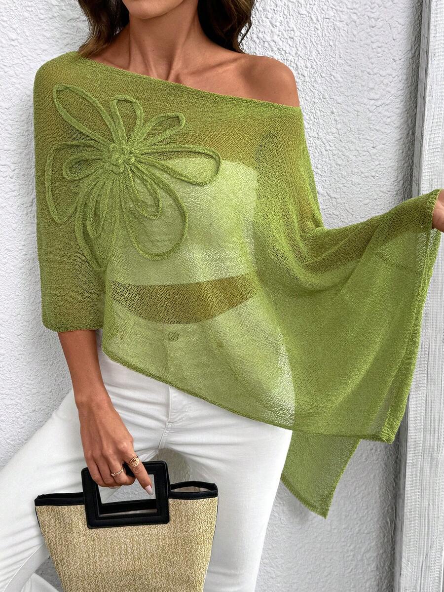 Áo kiểu poncho dáng rộng, màu trơn, thiết kế vạt bất đối xứng, chất liệu dệt kim, thích hợp cho mùa hè. - màu xanh lá - Xem 1