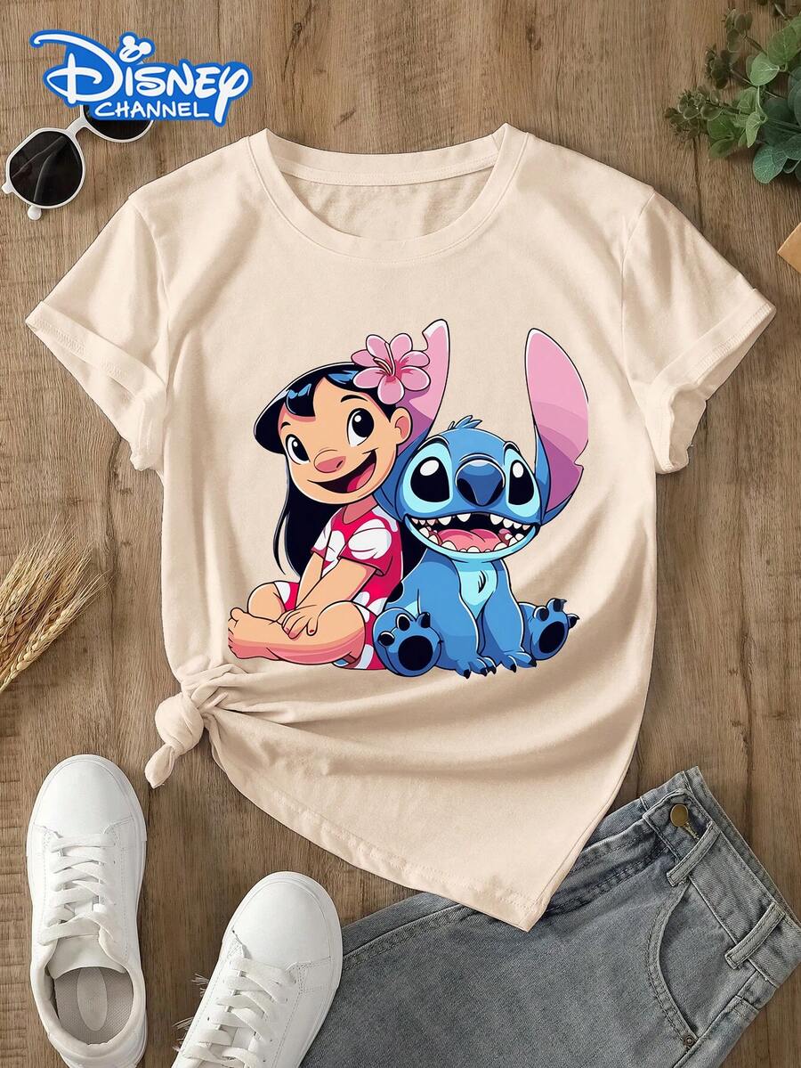 This Disney Women's T-Shirt Features A Stitch And Lilo Cartoon Print. Made Of Soft, Comfortable, And Durable Fabric, This Spring/Summer Round-Neck T-Shirt Is Suitable For Everyday Wear, Shopping, Parties, And Is Also A Great Choice As A Casual Outfit Or A Gift. - Màu be - Xem 1