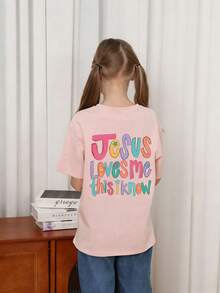 Áo thun cổ tròn in khẩu hiệu "Jesus Loves Me" dành cho bé gái tuổi mới lớn, Áo mùa hè - Hồng - Xem 2