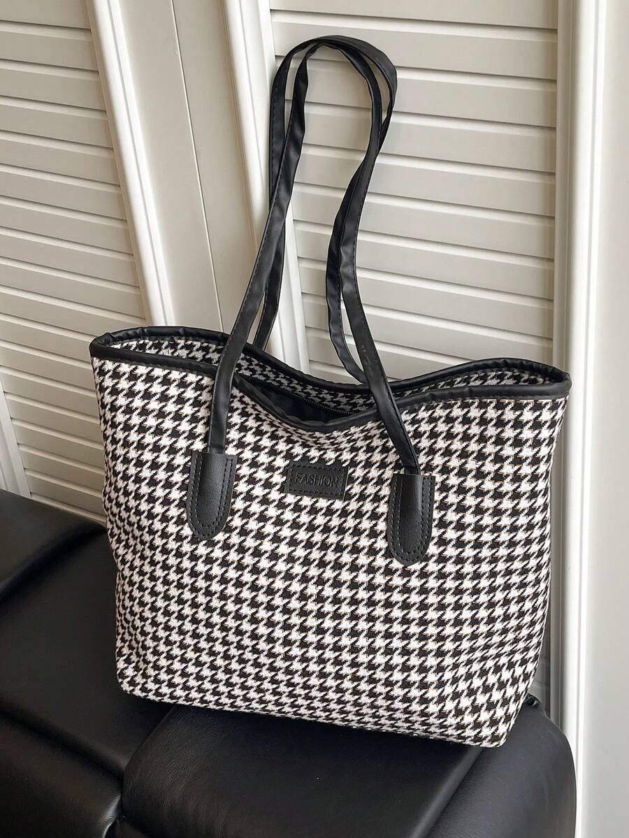 Houndstooth Large Capacity Shoulder Bag, Fashionable Minimalist Tote Bag, Versatile For Commuting And Daily Use - Black - View 1