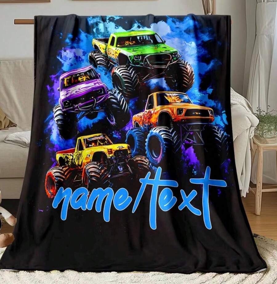 Personalized Monster Truck Blanket, Custom Name Flannel Blanket Monster Jam - 白色 - 查看 1