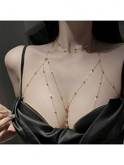 Bộ dây chuyền thân đính đá vàng sang trọng, dây chuyền ngực gợi cảm + vòng cổ nhiều lớp, phụ kiện nội y dự tiệc buổi tối.