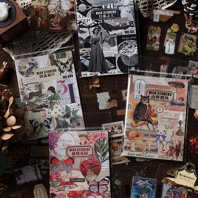 Zestaw naklejek w stylu vintage z kwiatowym krajobrazem (20 szt./książka), książeczka z naklejkami dla zwierząt, urocze zwierzęta, grzyby, motyle, kolaż z fazami księżyca, materiały dekoracyjne, naklejki wodoodporne, artykuły papiernicze, artykuły szkolne