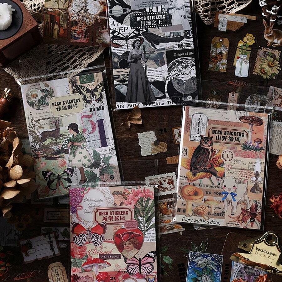 20 piezas/Libro Juego de pegatinas vintage con paisaje floral, libro de pegatinas de PET, pegatinas decorativas de animales lindos, setas, mariposas, fases lunares, pegatinas impermeables, suministros de papelería, útiles escolares - Rectángulo - Ver 1