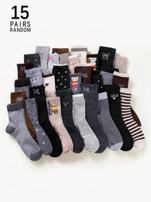 1/3/5/10/15/20 pares de calcetines de media caña transpirables con letras y rayas de estilo de dibujos animados para mujer, de colores aleatorios - Multicolor - Ver 15