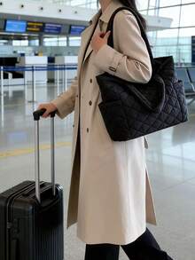 女士绗缝手提包，大容量单肩包，带侧袋，轻便尼龙手提包，适合旅行、健身、工作、购物，便捷的绗缝单肩包，是您旅行、健身、工作、购物的理想之选。 - 黑色 - 查看 5