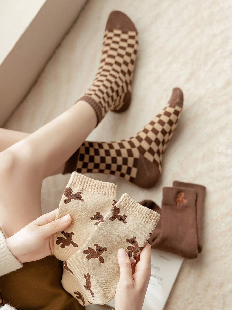 5 Pairs Women's Fashionable Beige Fluffy Cotton Socks, Breathable High Elasticity Warm Not Hot, Cute Girl Cotton Socks Suitable For Spring/Autumn Daily Wear & Commuting - Multicolor - View 1