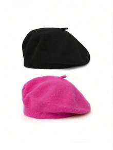 1顶/2顶女士纯色羊毛保暖贝雷帽，法式经典纯色针织帽，适合休闲和派对场合穿着 - 彩色 - 查看 21