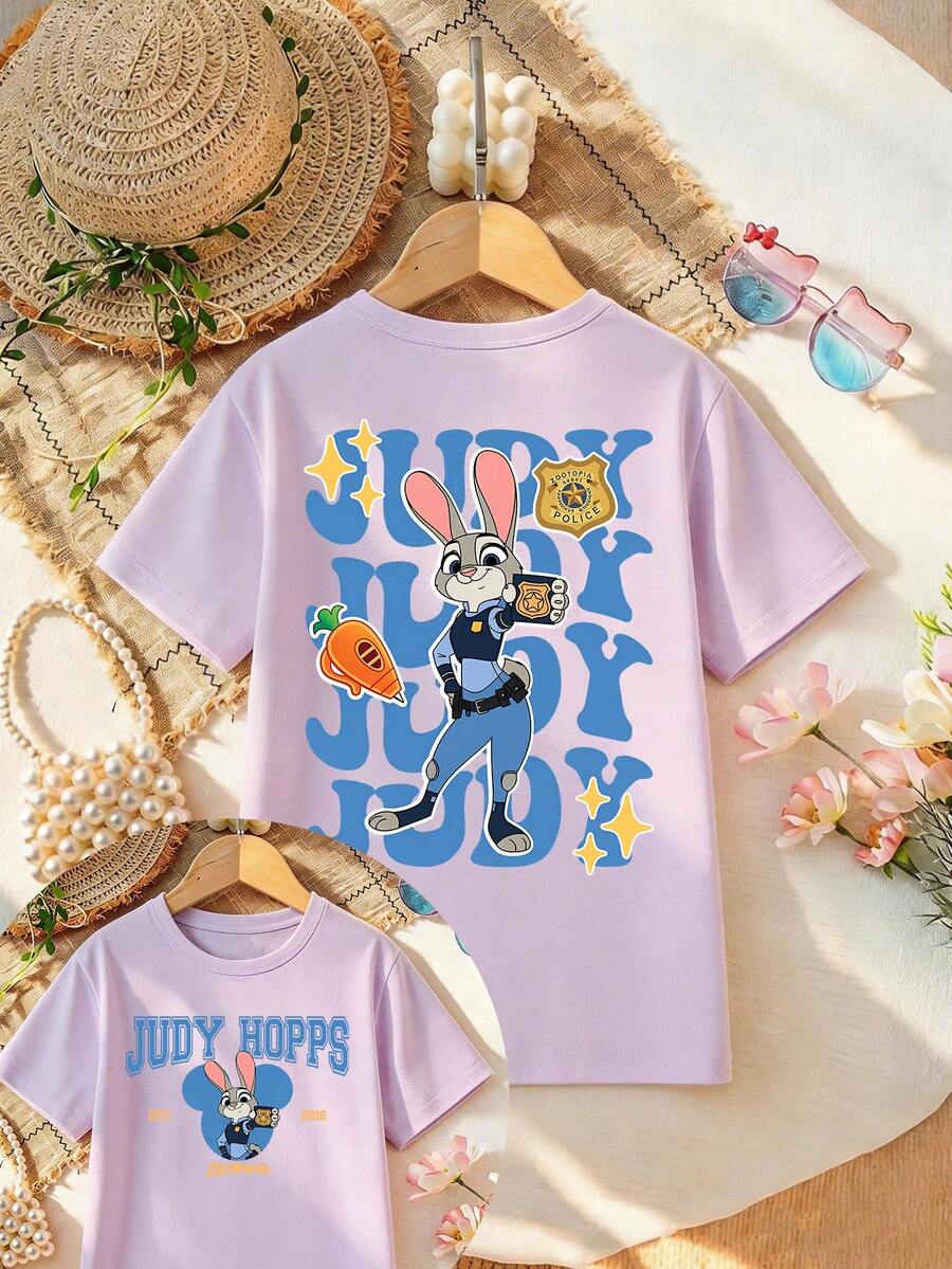 Disney Zootopia Officer Bunny Double-Sided Letter Print T-Shirt For Girls - Children's Clothing Design Short-Sleeve Casual Cute Style Comfortable And Relaxed Suitable For Boys And Girls, Perfect For Parties And Play Machine Washable Gift Children's Clothing Girls' Short-Sleeve Shirt - 淡紫色 - 查看 1