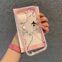 1pc Pink Framed Transparent Minimalist Camera Lens Protection Anti-Fall Anti-Collision Black Line Airplane Flight Map English Letter Pattern Phone Case, Personalized For IPhone 16 Pro Max, 17/16/15/14 Plus, 13/12/11, Air - Multicolor - View 4