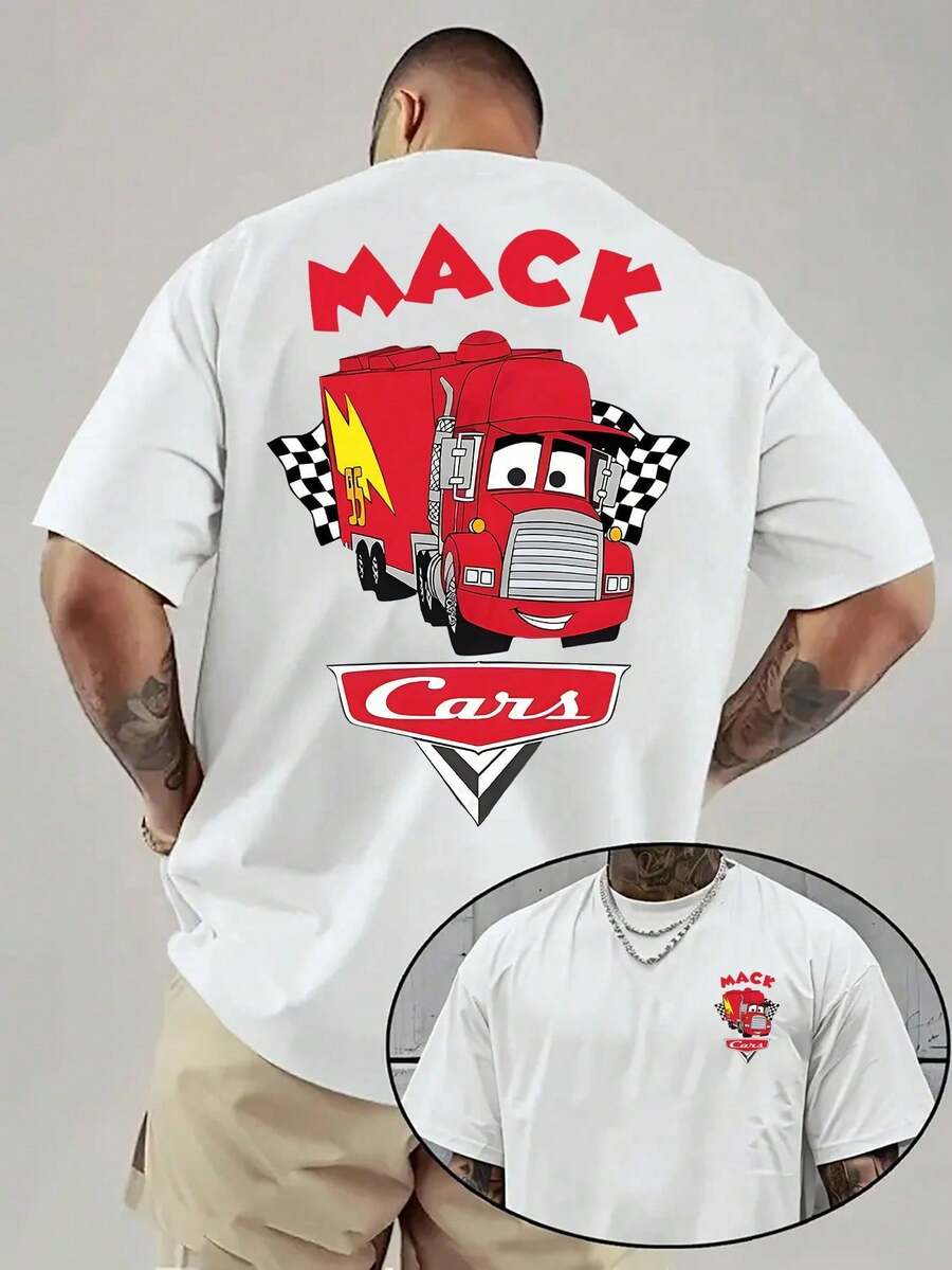 Disney Official Licensed Cars Mack Truck Checkered Flag Print 220g Cotton Crew Neck Unisex Tee - 白色 - 查看 1