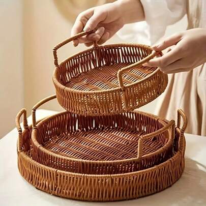 3pcs/1pc Rattan Woven Tray, Picnic Fruit Snack Basket, Double-Ear Woven Basket, Wooden Handle Decorative Willow Tray, Convenient For Holding Cookies, Tea Snacks, Fruits, Home Decor, Party Decor, Storage Rack
