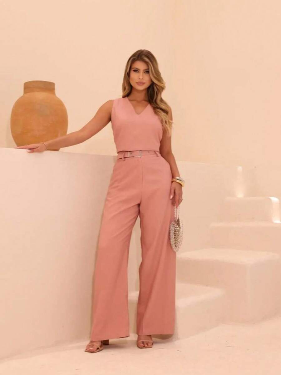 Linen Set With Wide-Leg Pants And V-Neck - Coral Pink - View 1