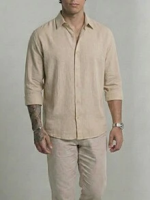 Set Of 2 Men's Long-Sleeved Linen Dress Shirts, Old Money Style, Viscose Linen, Cool, Casual, Italian Collar, Elegant - 白色/棕色 - 查看 2
