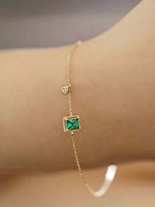 BALMORA 1pc 925 Sterling Silver Elegant Geometric Green Square Cubic Zirconia Chain Bracelet, Suitable For Daily Wear, Friendship Gatherings, And Gift - Gold - View 3