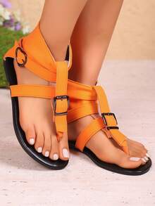 Sandalias romanas planas para mujer, de unicolor y elegante, con diseño de cremallera trasera, adecuadas para vacaciones, fiestas y exteriores - naranja - Ver 3