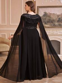 SUPGIR 甜心领奢华流苏串珠亮片雪纺拼接连衣裙 - 黑色 - 查看 2