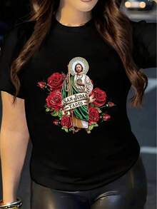 1pc, Camiseta de Mujer con Estampado de  y Rosa - Cuello Redondo Casual, Manga Corta, Mezcla Elástica, Lavable a Máquina - Ideal para Todas las Estaciones - Negro - Ver 5