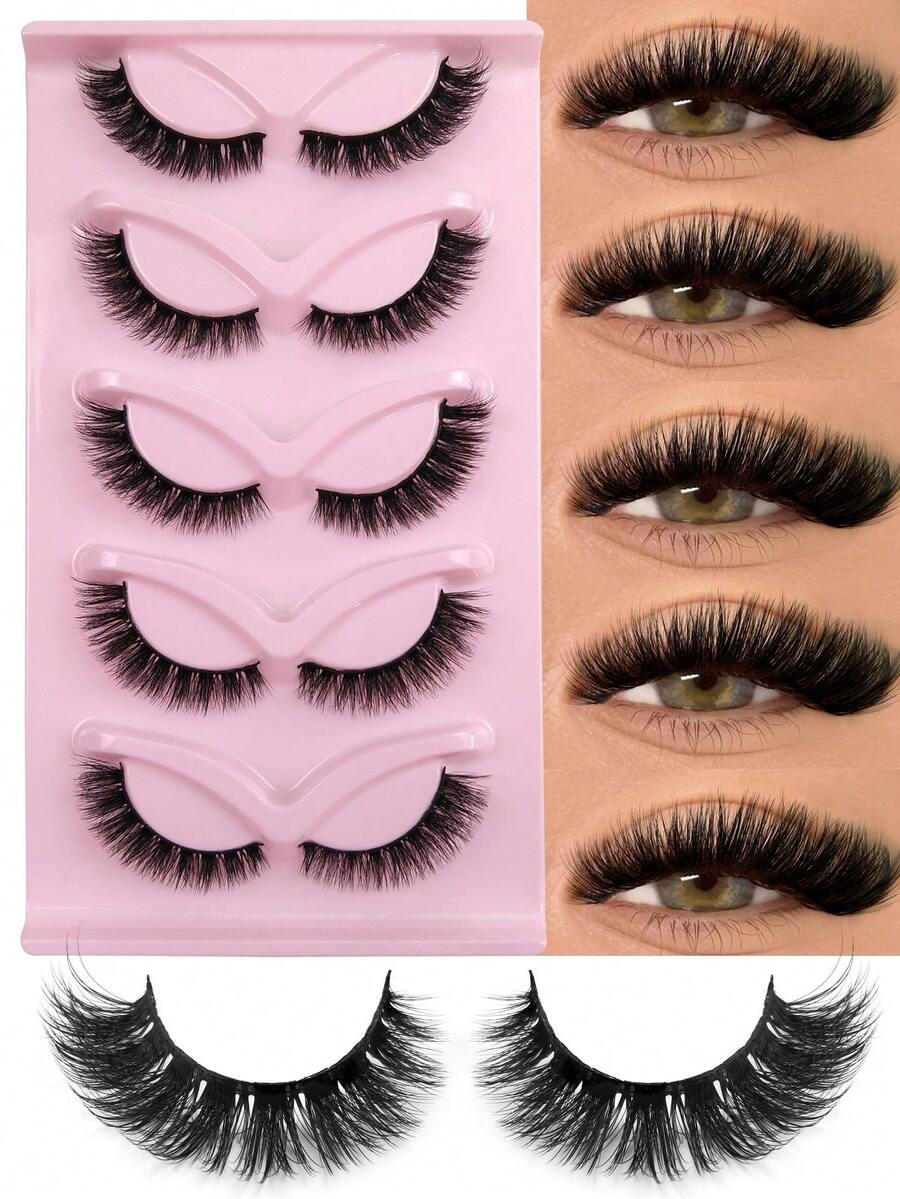 1/5 Pairs False Eyelashes Cat Eye Lashes Manga Lashes Natural Look Soft Wispy Cross Long Winged End Eye Elongated Eyelashes
