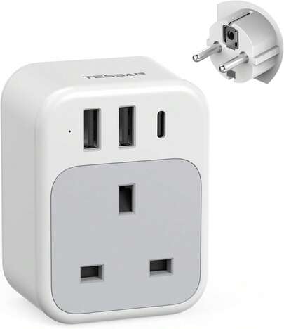  TESSAN UK To European Plug Adapter, 4 In 1 Travel Adapter With 1 USB C And 2 USB A, 3250W European Plug Adapter, European To UK Plug Adaptor