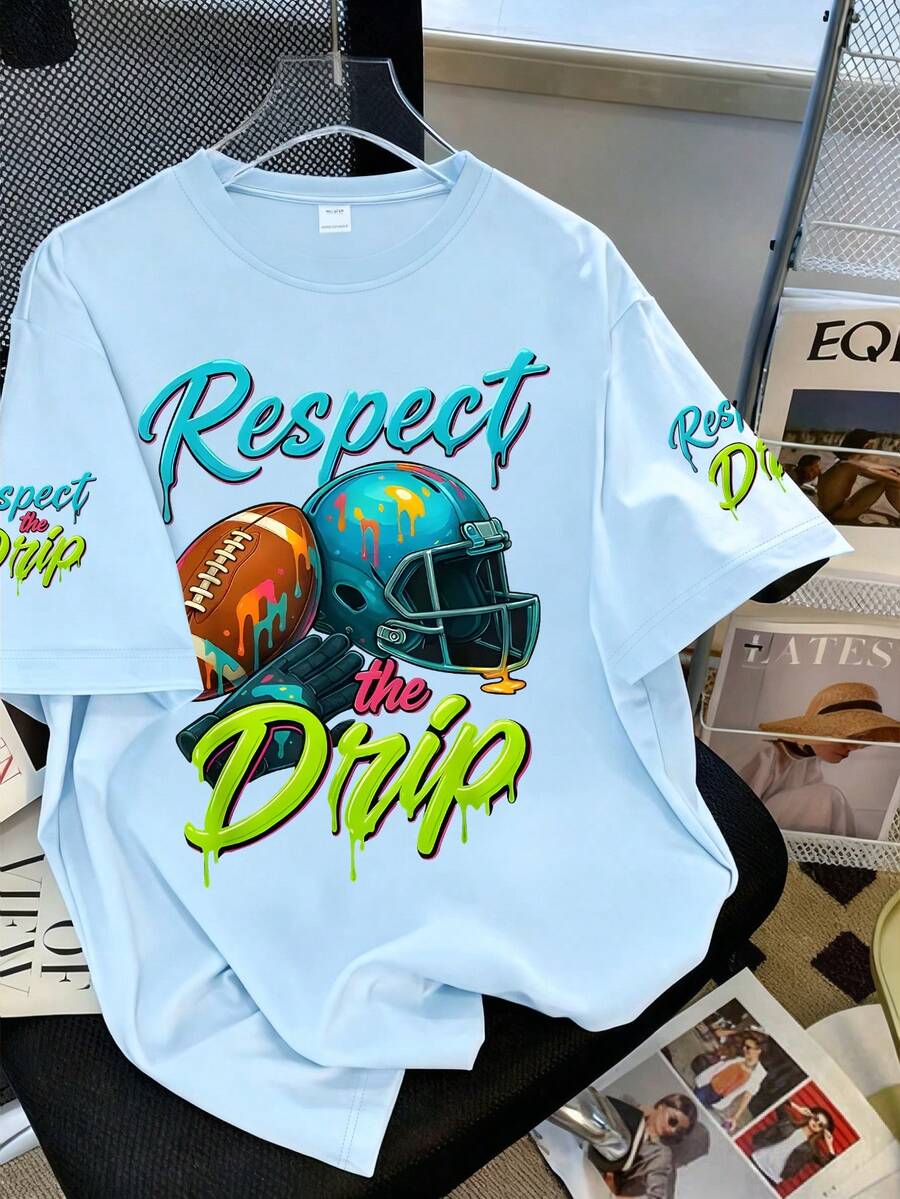 男童时尚足球头盔图案彩色字母印花圆领短袖T恤,新款夏秋童装 - 淺藍色 - 查看 1