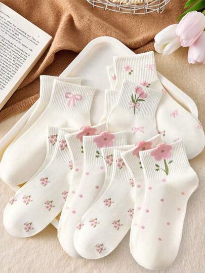 5 pares de calcetines elásticos de estilo lolita con lazo, lunares y flores 3D en blanco, apropiados para looks escolares y exteriores, para niños en primavera/verano