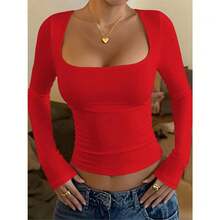 Vaiaye Women's Spring-Summer Sexy Fitted Long Sleeve Knit Top, Solid Color Square Neck T-Shirt, Casual & Versatile,Minimalist Casual Daily Wear - 紅色 - 查看 12