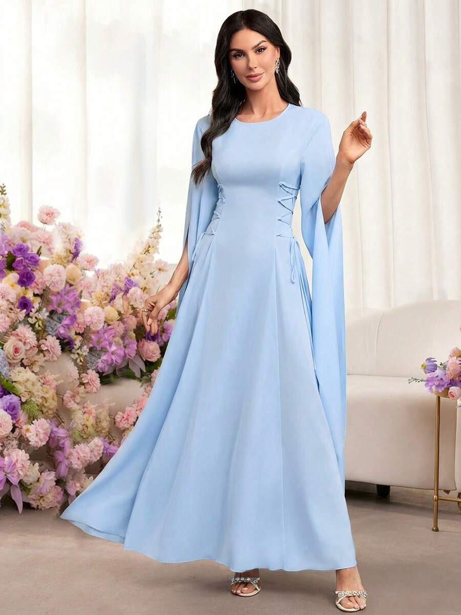 Vestido azul de línea A elegante para primavera/verano de mujer - Manga larga, cintura con lazo, abertura lateral, vestidos de verano para mujer, atuendos de playa para mujer, vestidos elegantes para fiesta, vestido de invitada de boda, vestido elegante para mujer - Azul - Ver 1