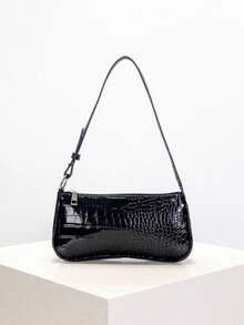 1pc Girl's Baguette Shoulder Bag, Crocodile Embossed Minimalist Underarm Bag, Suitable For Daily Gatherings, Vacations, Travel, Ideal Gift - Black - View 1