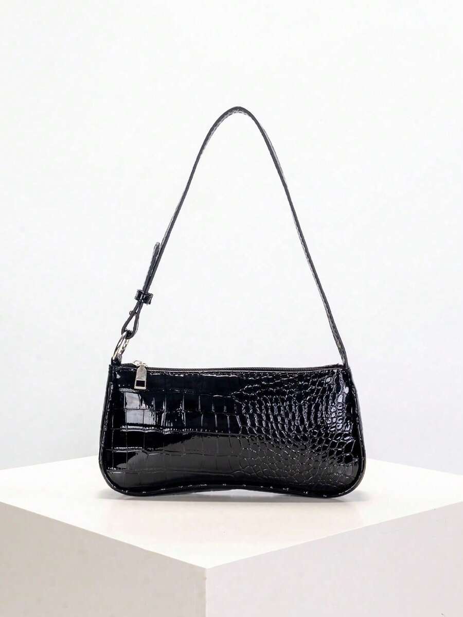 1pc Girl's Baguette Shoulder Bag, Crocodile Embossed Minimalist Underarm Bag, Suitable For Daily Gatherings, Vacations, Travel, Ideal Gift - Black - View 1