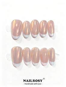 nailrosy 10件裝白色杏仁形法式美甲貼片 | 短杏仁形可重複使用假指甲 | 優雅極簡手工壓克力美甲套組 | 婚禮美甲 | 可愛美甲 | 送給女性的禮物，日常必備美甲，夏季 7 月 4 日婚禮畢業舞會水鑽美甲 - 杏色 - 查看 9