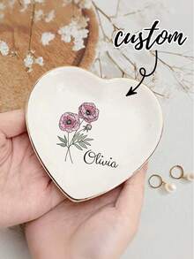 Bandeja de Joias de Cerâmica Personalizada com Flor de Nascimento, Prato de Anel com Flor em Aquarela Personalizado, Presente de Proposta para Madrinha, Bandeja de Organização de Penteadeira - Multicolorido - Visão 6