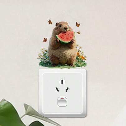1 pieza Adhesivo de pared de una marmota juguetona comiendo sandía - Adhesivo con tema de jardín de verano, autoadhesivo y removible para decoración del hogar, estilo de animal lindo decorativo de temporada de primavera