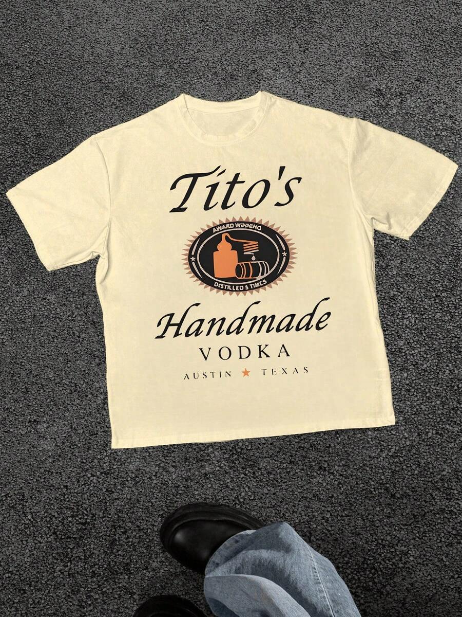 Men's Tito's Vodka AwardWinning Graphic Print T Shirt Austin Texas 100% Cotton Tee Distilled & Times Handmade Style Casual Short Sleeve T Shirt - 杏色 - 查看 1