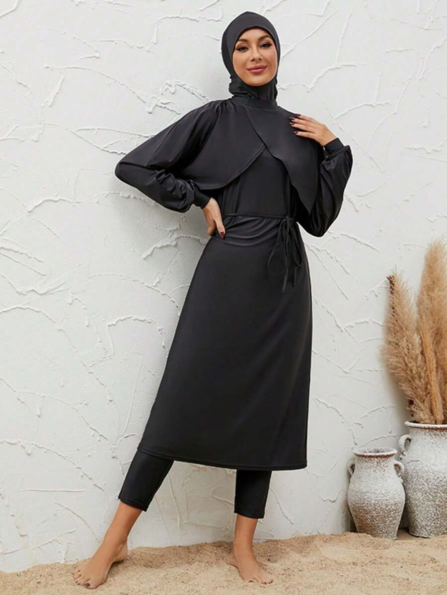 VFJ Women's Modest Swimwear Black Round Neck Long Sleeve Burkinis With High Waist Bottom And High Stretch Fabric