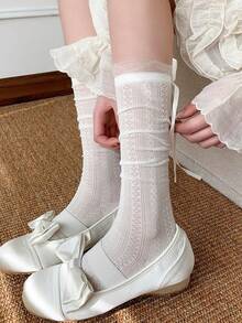 1 Pair Ribbon Sheer Thigh High Socks, Women's Thin Long Stockings, Princess Ballet Style Hollow Out, Spring/Summer - Multicolor - View 6