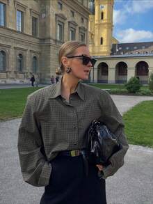 Plaid Pattern Loose Fit Padded Shoulder Long Sleeve Collared Blouse, Long Sleeve Top For Women Spring - Army Green - View 1