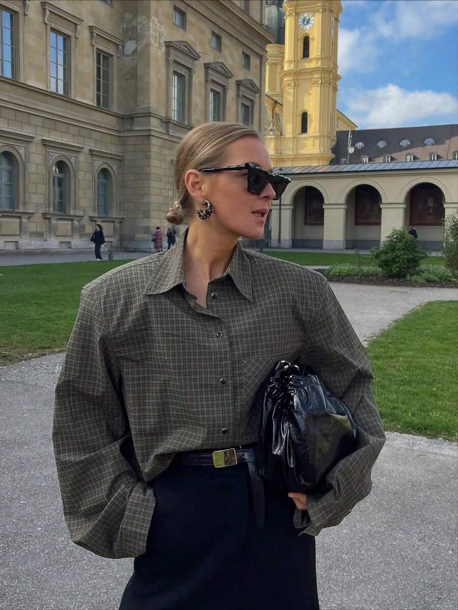 Plaid Pattern Loose Fit Padded Shoulder Long Sleeve Collared Blouse, Long Sleeve Top For Women Spring - Army Green - View 1