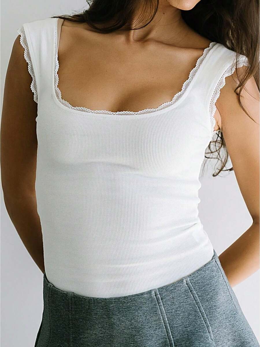 Women Square Neck Lace Trim Tank Top Y2k Ribbed Knit Slim Fit Camisole Crop Top Sexy Fitted Sleeveless T-Shirts Going Out Streetwear - 白色 - 查看 1