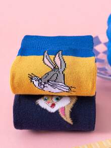 Noctvar OBM Sleepwear X LOONEY TUNES 2双装兔子和鹦鹉图案女士船袜，可爱卡通独特设计，兔子傲娇时尚夏季袜，透气休闲袜，适合学生/成人作为礼物或日常穿着，情侣款 - 彩色 - 查看 7