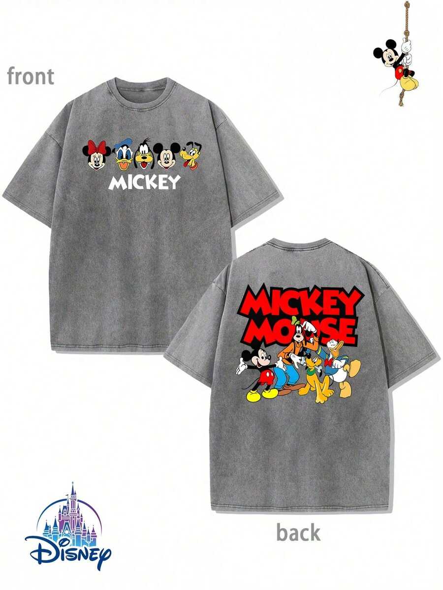 Disney Official Licensed Mickey & Friends All Characters Wash T-Shirt 230g Cotton Crew Neck Drop Shoulder Unisex Tee - Xám - Xem 1