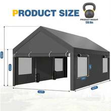 JAMFLY Carport, Heavy Duty Carport With Roll-Up Windows, Portable Garage With Removable Sidewalls & Doors, Car Canopy With Sandbags And All-Season Tarp For Car Boat Truck Motorcycle - 深灰色 - 查看 4
