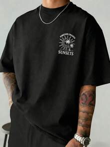 Fractyr 男士休闲度假街头风宽松短袖T恤 | 简约棕榈树和太阳字母印花 | 精致设计 | 夏季必备 | 百搭时尚 - 黑色 - 查看 3