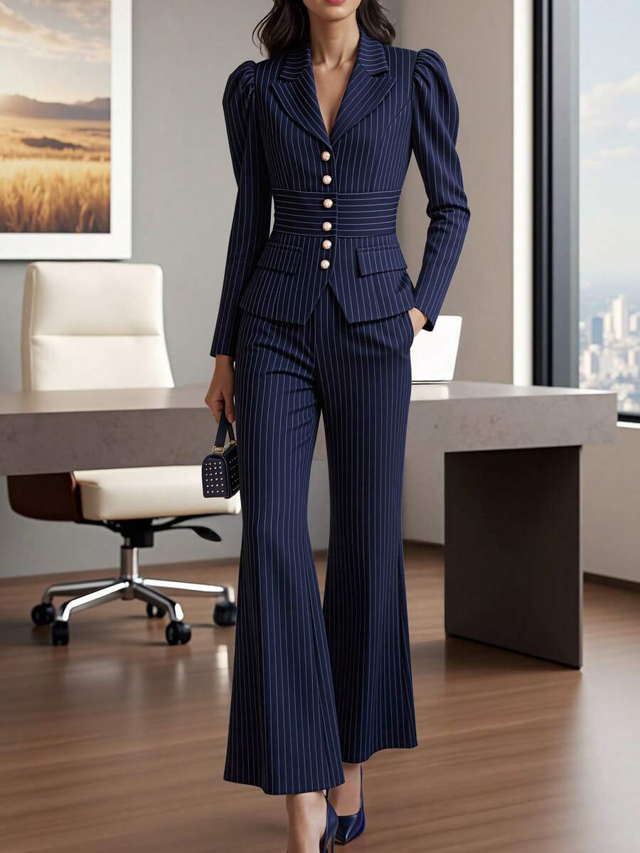 HOMEYEE Bộ vest kẻ sọc, áo blazer và quần tây kiểu công sở, quần ống ôm, kiểu dáng đa năng phù hợp cho nhiều dịp, đi nghỉ mát và công tác, bộ 2 món. - Màu xanh hải quân - Xem 1